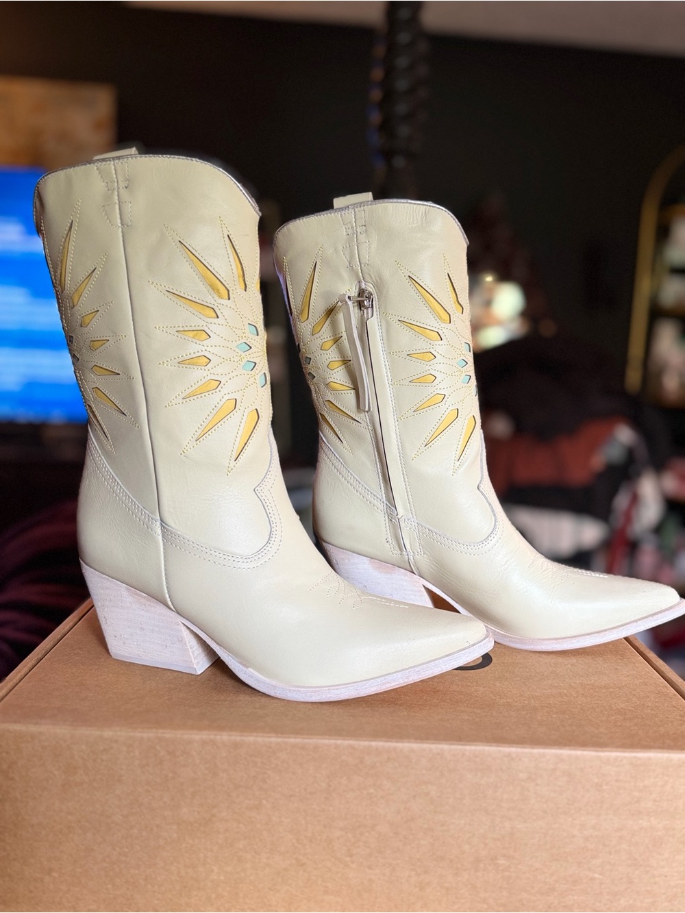Golo x Free People off white MAE Cutout Western Boots with Block Heel